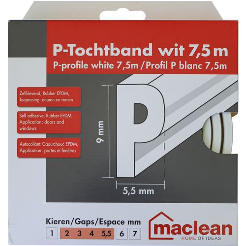 Maclean Tochtband P-profiel - Epdm-rubber - Wit - Zelfklevend - Deuren En Ramen - Kieren 2-5,5mm - 7,5m