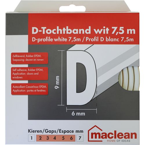 Maclean Tochtband D-profiel - Epdm-rubber - Wit - Zelfklevend - Deuren En Ramen - Kieren 2-6mm - 7,5m