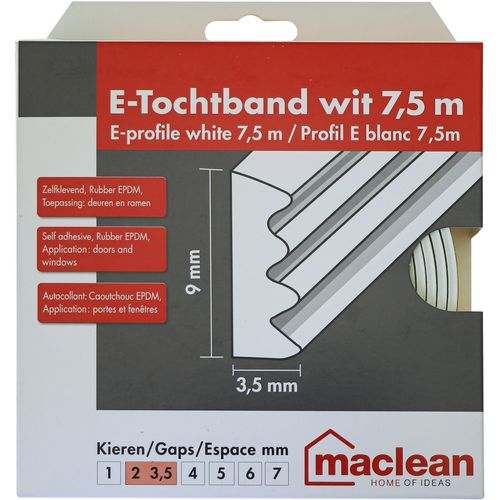 Maclean Tochtband E-profiel - Epdm-rubber - Wit - Zelfklevend - Deuren En Ramen - Kieren 2-3,5mm - 7,5m