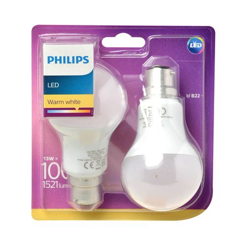 Philips Led Lamp A60 B22 13w 3000k 1521lm 230v - 2-pack - Warm Wit