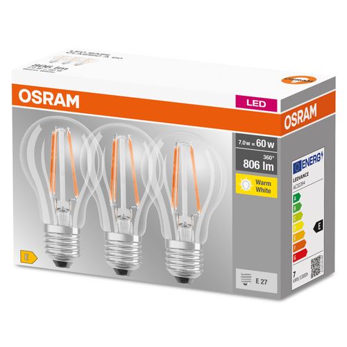 Osram Ledfilamentlamp Base Classic A Warm Wit E27 6,5w 3st.